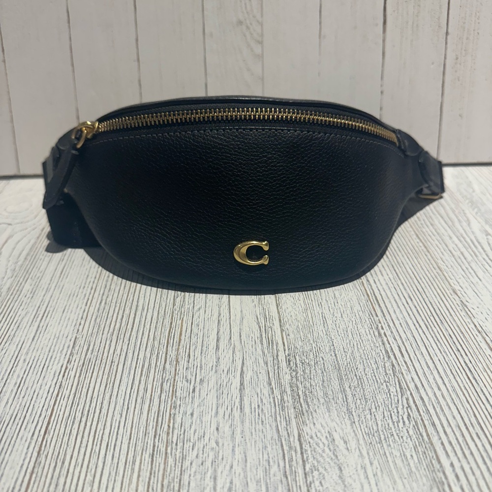 Coach Black Pebbled Leather Belt Bag with Gold Accents